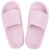 A pair of light pink slide sandals with textured soles and wide straps, viewed from above.