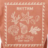 Illustration of sea elements like starfish, shells, and coral with the text Rhythm and Ron Jon Surf Shop on a brown background.