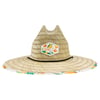 A straw sun hat with a wide brim, featuring a colorful patch with Ron Jon Surf Shop and floral patterns. The underside of the brim has a tropical fruit print.