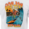 Illustration of a skeleton surfing on a wave near a pier, wearing a red Hawaiian shirt and green shorts. Text reads Ron Jon Surf Shop Ripcurl with palm trees in the background.