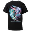 Black t-shirt with a colorful design of an astronaut surfing a wave with a palm tree and moon in the background. Text reads Ron Jon Surf Shop.