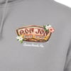 Close-up of a gray hoodie featuring the Ron Jon Surf Shop logo with flowers and the text Cocoa Beach, Fla. printed below it.