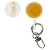 A cream container with a white and blue lid, attached to a silver keychain and clasp, shown open on a white background.