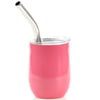 Pink insulated tumbler with clear lid and metallic straw.
