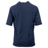 Back view of a plain navy blue short-sleeve rash guard with a crew neckline, displayed against a white background.