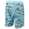 Blue tropical-themed board shorts with a pattern featuring palm trees, flowers, and waves. The shorts have a single back pocket with a vent.