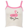 Cream tank top with pink trim featuring a graphic of a pink flamingo pool float and the text Ron Jon in black script below the graphic.