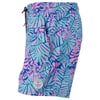 Colorful swim shorts with a blue, pink, and purple leaf pattern, featuring a drawstring waist and a small logo patch near the hem.