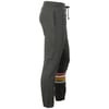 Gray sweatpants with colorful stripes near the ankle, featuring pockets, an elastic waistband, and a drawstring.