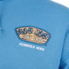 Close-up of a blue garment displaying the text Ron Jon Surf Shop and Pensacola Beach in white and brown logo on the fabric.