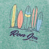 Illustration of colorful surfboards above Ron Jon Surf Shop text on a green textured background.