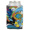 A silver can wrapped in a colorful, tropical-themed can cooler featuring fish, a shark, a palm tree, and swirling ocean patterns.