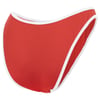 Red ribbed bikini bottom with white trim and high-cut sides on a white background.