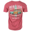 A red t-shirt features a vintage woodie car and surfboard graphic with the text RON JON and Its all about the ride! Cocoa Beach, Fla.