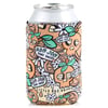 A beverage can in a colorful coozie with orange, white, and green skull and flower designs. Text reads Ron Jon Surf Shop and Little Box Guy.