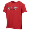 Red short-sleeve t-shirt with RON JON SURF SHOP printed in patterned letters on the front.