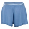 Light blue athletic shorts with a wide elastic waistband featuring white stripes.
