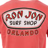 A watermelon colored T-shirt with a Ron Jon Surf Shop Orlando logo printed on the back in bold black, red, and white lettering.