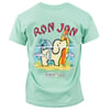 A mint green t-shirt with a cartoon dog holding a surfboard, surrounded by fish and palm trees, and the text RON JON and puppie love.