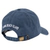 A blue baseball cap with LONG BEACH ISLAND embroidered in white on the back. It has an adjustable strap with a brass buckle, featuring the brand Ron Jon Surf Shop engraved on it.