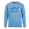 Light blue long-sleeve hoodie featuring a shark graphic and the text Ron Jon Surf Shop on the front.