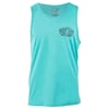 A sleeveless aqua blue tank top featuring a small black Ron Jon Surf Shop logo on the left chest.