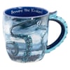 A ceramic mug with blue tentacle handle and tentacle design, featuring the words Beware the Kraken! on the inner rim.