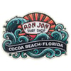 Sticker featuring Ron Jon Surf Shop with sun rays, waves, and the text Cocoa Beach, Florida in bold letters.