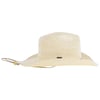 A light-colored straw hat with a wide brim, chin strap, and a small rectangular tag on the front.