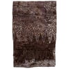 A brown fabric with light-colored, leaf-like patterns, swirling designs, and fringe on one end is neatly folded.