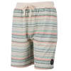 Striped shorts with a drawstring waistband in pastel colors and a small circular patch logo near the hem.