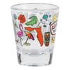 Clear shot glass featuring Florida-themed illustrations, including an alligator, flamingo, palm tree, and the state outline in orange.