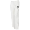 White fleece sweatpants with an elastic waistband and ORANGE BEACH text and graphics printed in green and black on the upper left thigh.