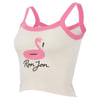 Cream crop top with pink straps and trim, featuring a graphic of a pink flamingo and the words Ron Jon on the front.