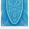A blue and white textile with an intricate symmetrical leaf and floral pattern, bordered by radiating lines, and finished with a fringe along the bottom edge.