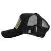 Black mesh baseball cap with a curved brim, featuring graphic patch on the front and a small circular logo on the side.