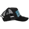 Black mesh trucker hat with a curved brim and a blue graphic design on the front panel.