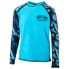 Long-sleeve blue rash guard with patterned black and blue sleeves and a Ron Jon Surf Shop logo on the chest.