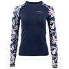 Long-sleeve navy and floral rash guard with multicolored patterns on the arms and shoulders, featuring a small logo on the front.