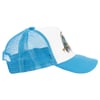 Side view of a blue and white trucker hat with a fish graphic on the front panel and a mesh back.