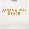 A close-up of a white ribbed shirt with yellow text that reads PANAMA CITY BEACH.