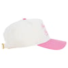 White baseball cap with a pink brim, pink button on top, and pink text on the side. The cap has an adjustable strap with a gold buckle.