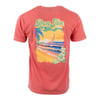 Red t-shirt with a beach scene on the back, featuring the text Ron Jon, a sunset, palm trees, hibiscus flowers, and a surfboard on the sand.