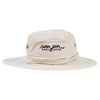 Beige bucket hat with a wide brim features Ron Jon Surf Shop logo embroidered in black on the front.