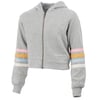 Gray hooded jacket with a front zipper and multicolored striped sleeves.