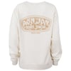 A off white sweatshirt featuring a large brown Ron Jon Surf Shop Myrtle Beach logo on the back.