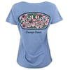 Blue T-shirt with Ron Jon Surf Shop logo and pink hibiscus flowers on the back, with Orange Beach text below.