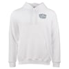 White hoodie with a small logo on the chest reading Ron Jon SUrf Shop The Original. It features a front pocket and drawstring hood.
