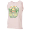 Beige sleeveless t-shirt featuring a colorful graphic with a smiling sun, leaves, flowers, and the text Ron Jon Surf Shop.