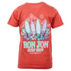 Red t-shirt with Ron Jon Surf Shop and Cocoa Beach, FL printed below a design of three surfboards, flowers, and palm trees.